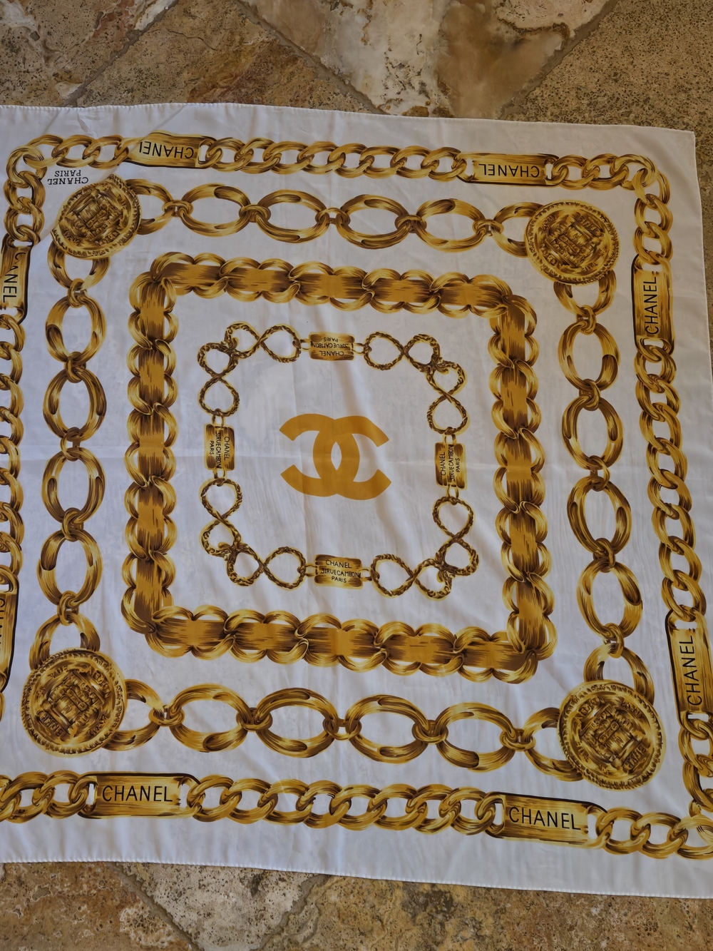Chanel Gold Chain Silk Scarf - White & Gold-Vintage